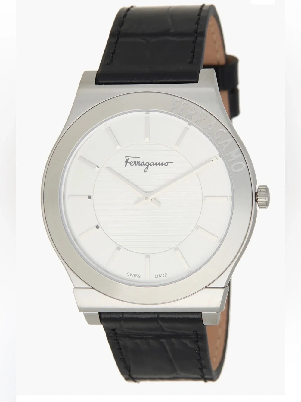 Salvatore Ferragamo Silver Case White Dial Black Leather Strap Watch